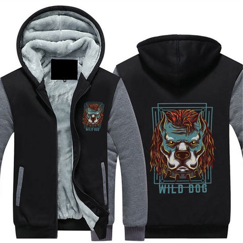 Image of Wild dog Design Hoodie Full Zip Warm and Thick Plush Sweater for Men Front and Back Print - Alexecom.com
