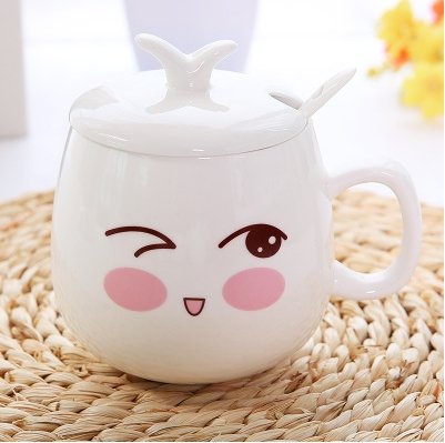 Image of XING KILO Creative cute cup with lid ceramic spoon large capacity milk cup coffee mug expression cup - Alexecom.com